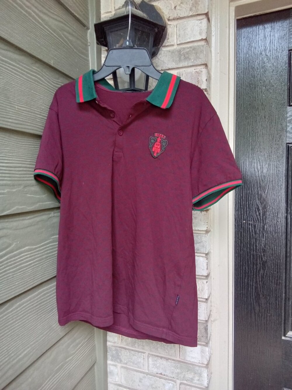 The Gucci Web Collar Applique Burgundy Polo Monogram Shirt